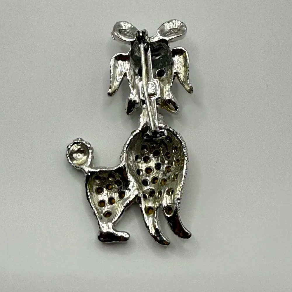 Vintage Silver Tone Rhinestone Poodle Dog Brooch Pin Blue Nose Champagne Stones